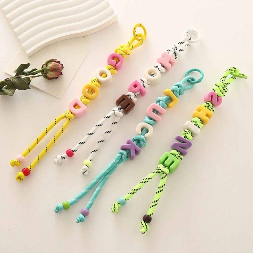 Colorful Acrylic Beads Keychain Lucky Letter Car Keyring Creative Mobile Phone Lanyard  Friend Gift