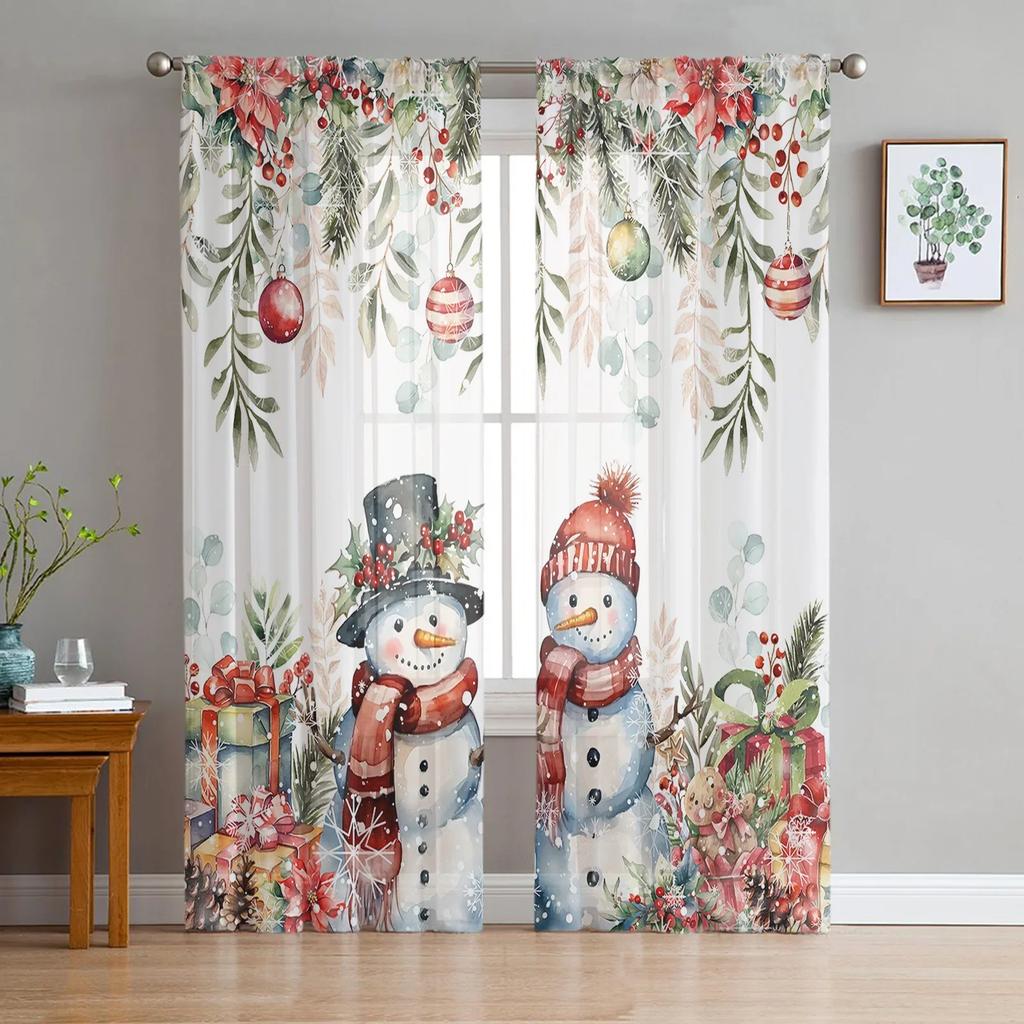 Christmas Snowman Door Balloon Tulle Curtains For Living Room Bedroom Kitchen Decoration Chiffon Sheer Voile Window Curtains