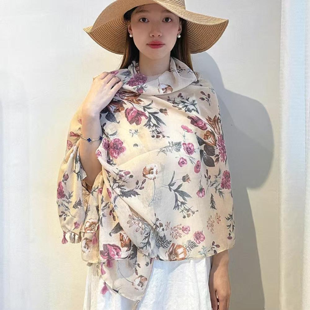 Spring and Autumn Long Shawl Artistic Flower Print Hanging Tassel Fashionable Scarf Women's Travel Sunscreen Decoration Exterior