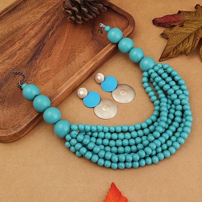 African Zircon Set Ethnic Style Multi-layer Handmade Wooden Beads Beaded Statement Necklace Earrings Women Party Accessories