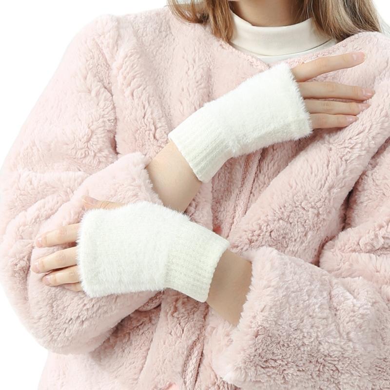 

Winter Plush Gloves Stretchy Mittens Adult Knitted Solid Color Half Finger Gloves Knit Gloves for Cold Weather Cycling