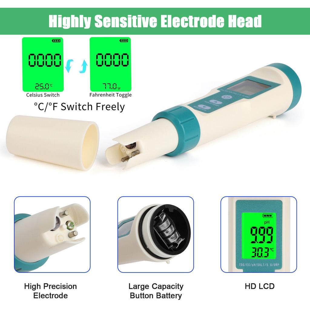 Digital PH Tester 7 In 1 TDS/EC/ORP/Temp/PH Meter Test Water Quality Monitor PH Tester For Household Drinking Hydroponics