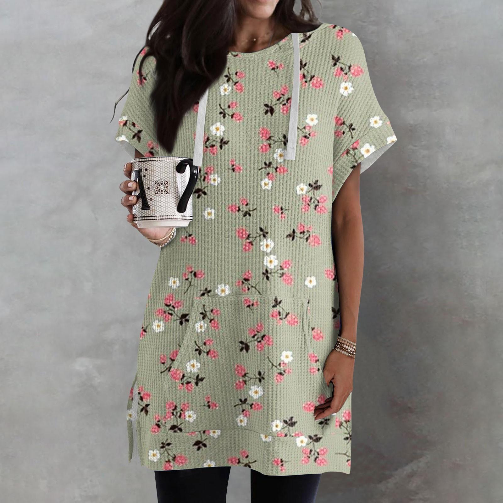 

Женские свободные рубашки с принтом, толстовки с короткими рукавами и шнурком, вязаная туника с боковыми разрезами, топы с капюшоном и карманом XXL