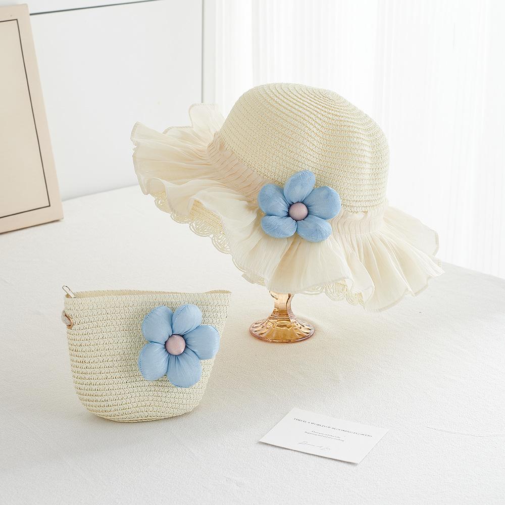 Girl Summer Straw Sun Hat And Bag 2pcs/set Breathable Wide Brim Beach Cap Children Girls Bucket Hat for Sun Protection