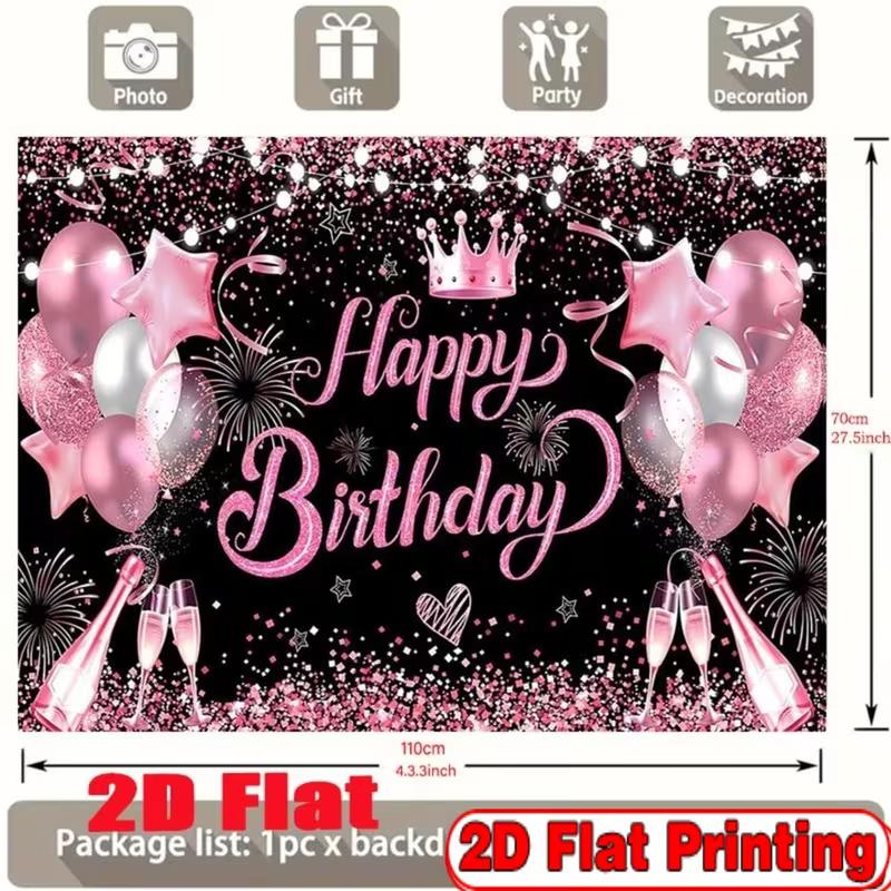 2D Pink Black Birthday Photography Background, Happy Birthday with Champagne and Star Decor Banner