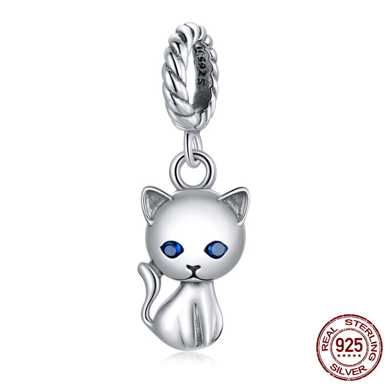 WOSTU 100% 925 Silver Cute Kitty Black Cat Charms Animal Bead for Women Fit DIY Bracelet Necklace Jewelry Gift