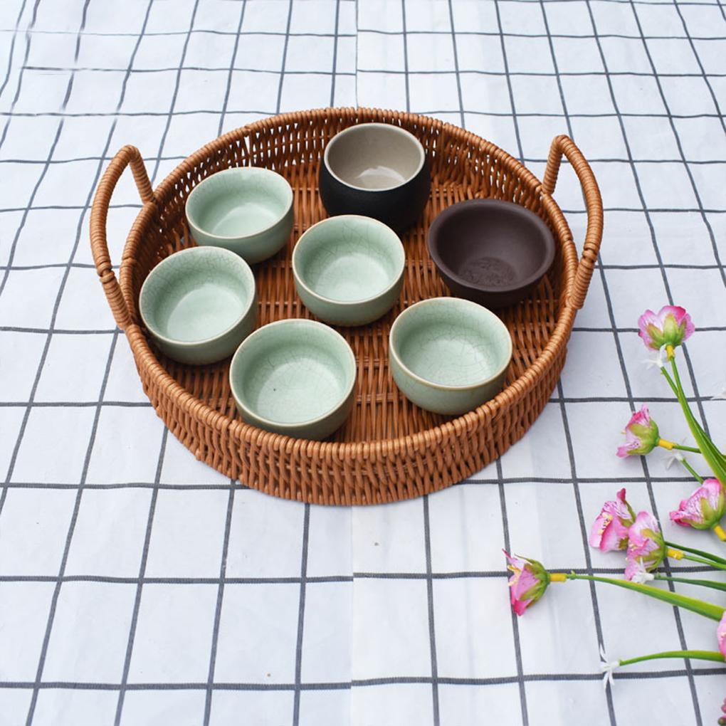 Ručně pletený podnos Kulaté úložné podnosy s rukojetí Lehká mísa na ovoce Přenosný kuchyňský úložný koš pro domácnost