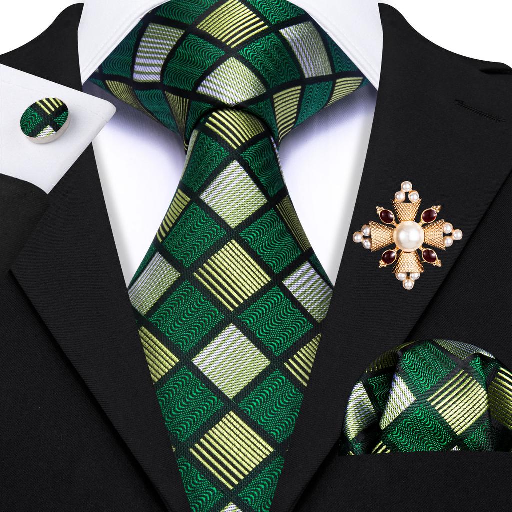 Pearl Brooch with Silk Tie for Men Vintage Floral Teal Necktie Hanky Cufflinks Gift Formal Set