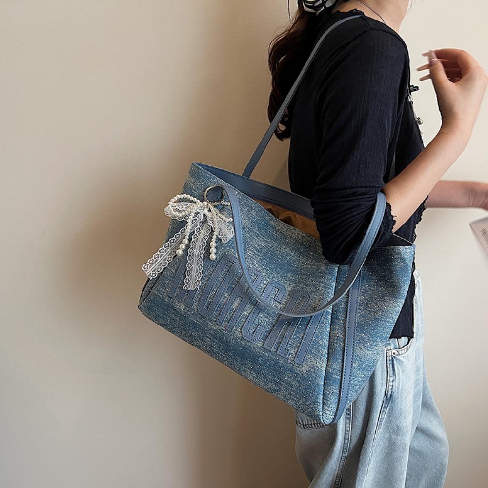 Large Capacity Versatile Trendy Bag Women's 2025 Summer Denim Tote Bag Casual Commuter Shoulder Bag