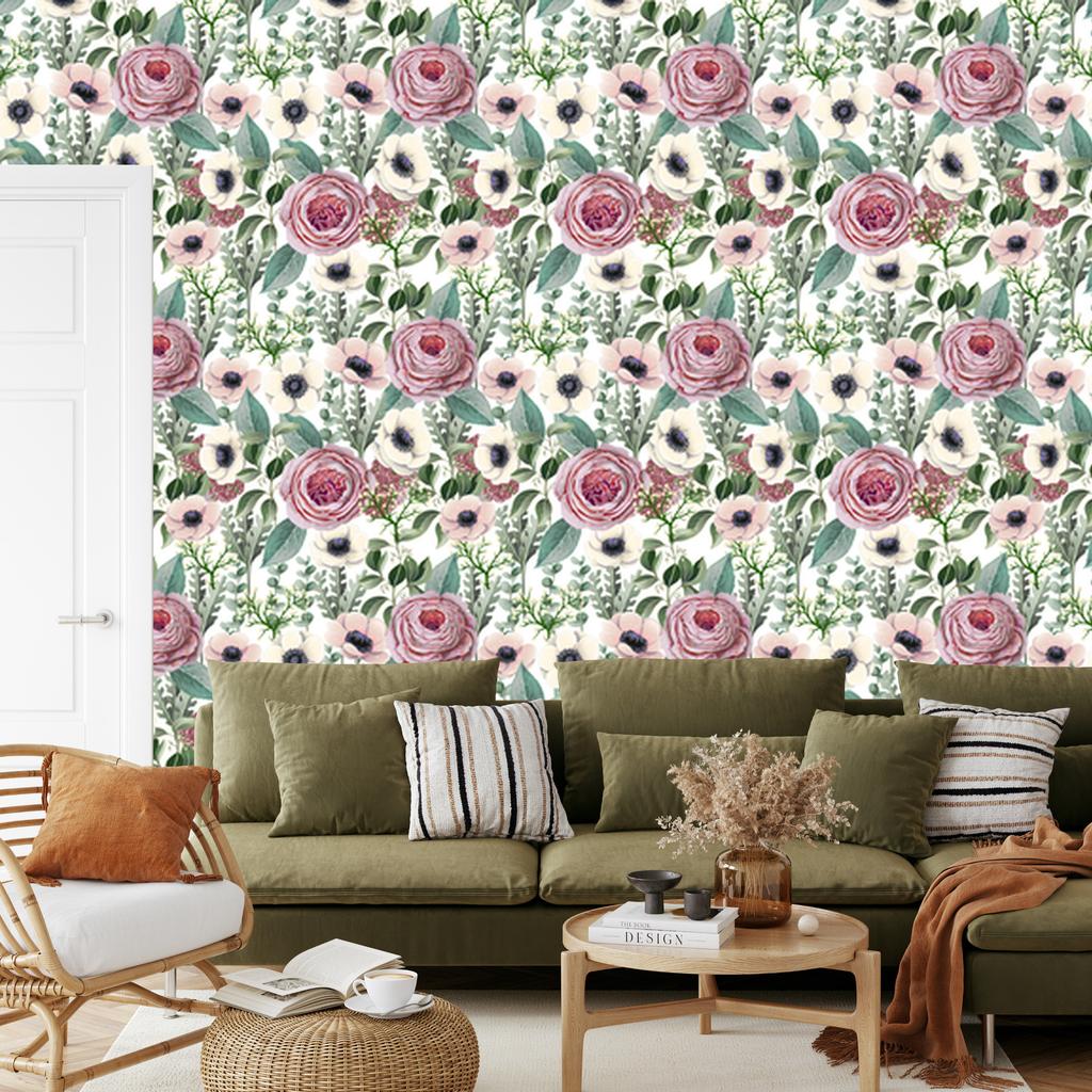 Roses, Anemones and Eucalyptus Leaves Wallpaper for Living Room and Bedroom 50x1000