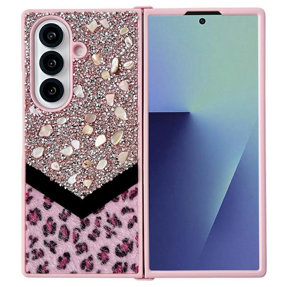 For Samsung Galaxy Z Fold7 5G Case Stone Decor Glitter Leopard Splicing Plush PC Phone Cover