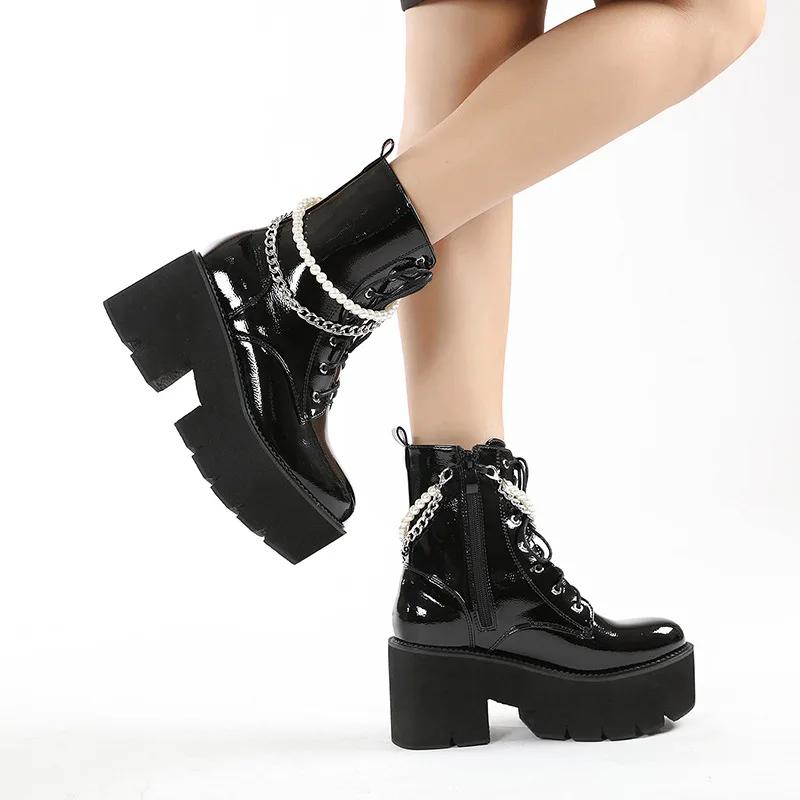 Ankle Boots Women's Punk Style Platform Shoes Lace-up Winter Gothic Booties Chelsea Patent Leather Round Head Chain Zipper Sexy