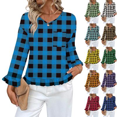 Women's Casual Fashion Ruffled V-Neck Pocket Plaid Print Long Sleeve Top