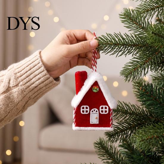Miniature Cabin Tabletop Decor Plush Christmas House Hanging Ornament, Fabric Gingerbread Pendant with Garland Embellishment Rope, Xmas Tree