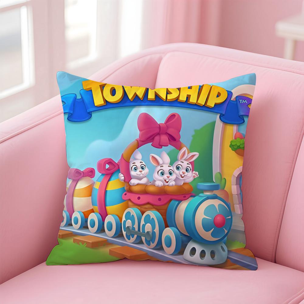 Kwaii Game Anime T-Township Cushion Cover Pillowcase Short Plush Invisible Zipper Room Sofa Cushion Cover