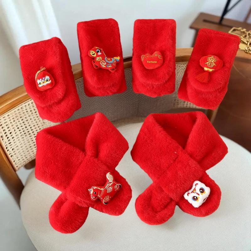 Autumn Winter Children's Scarf Chinese Style Zodiac Animals Red Scarf Cartoon Pony Plush Neck Warm Scarves New Year Gift