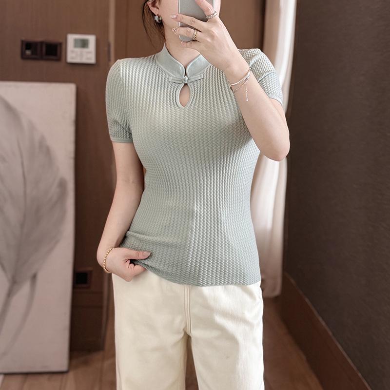 New Chinese Style Silk Blend Frog Button Waist-Hugging Knit Top - Women's Summer Short-Sleeve
