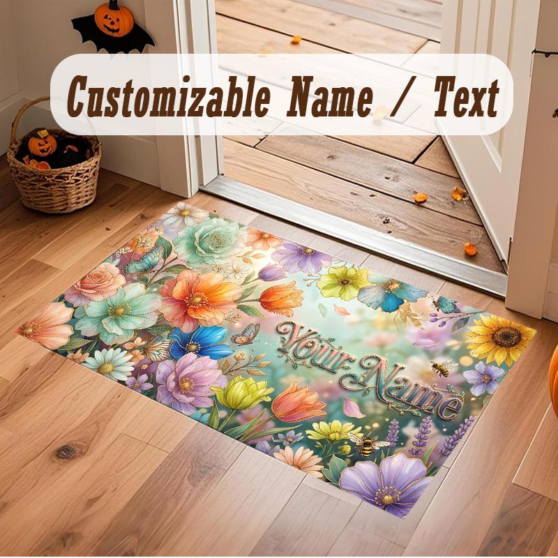 Floral Garden Theme Soft Crystal Velvet Rug Custom Name & Text Print Non Slip Floor Rug for Bedroom Living Room