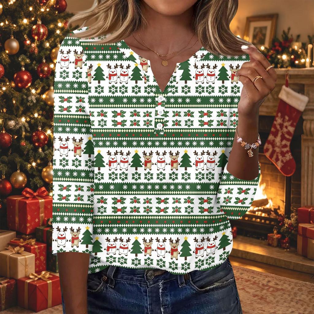 Women's Fashion Casual Christmas Print V-Neck Button 3/4 Sleeve T-Shirt Top for Holiday