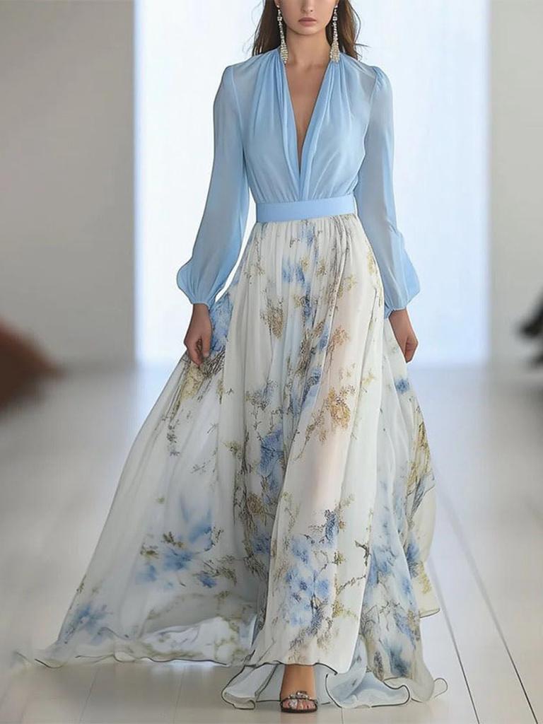 Damen Langarm V-Ausschnitt Patchwork Langes Rockkleid Leicht Atmungsaktiv Abendkleid