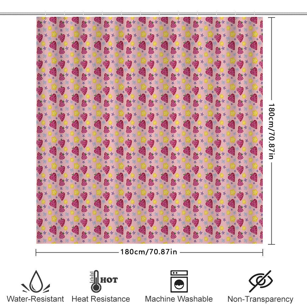Cute Pink Strawberry Floral Shower Curtain Waterproof Farmhouse Bathroom Decor Set