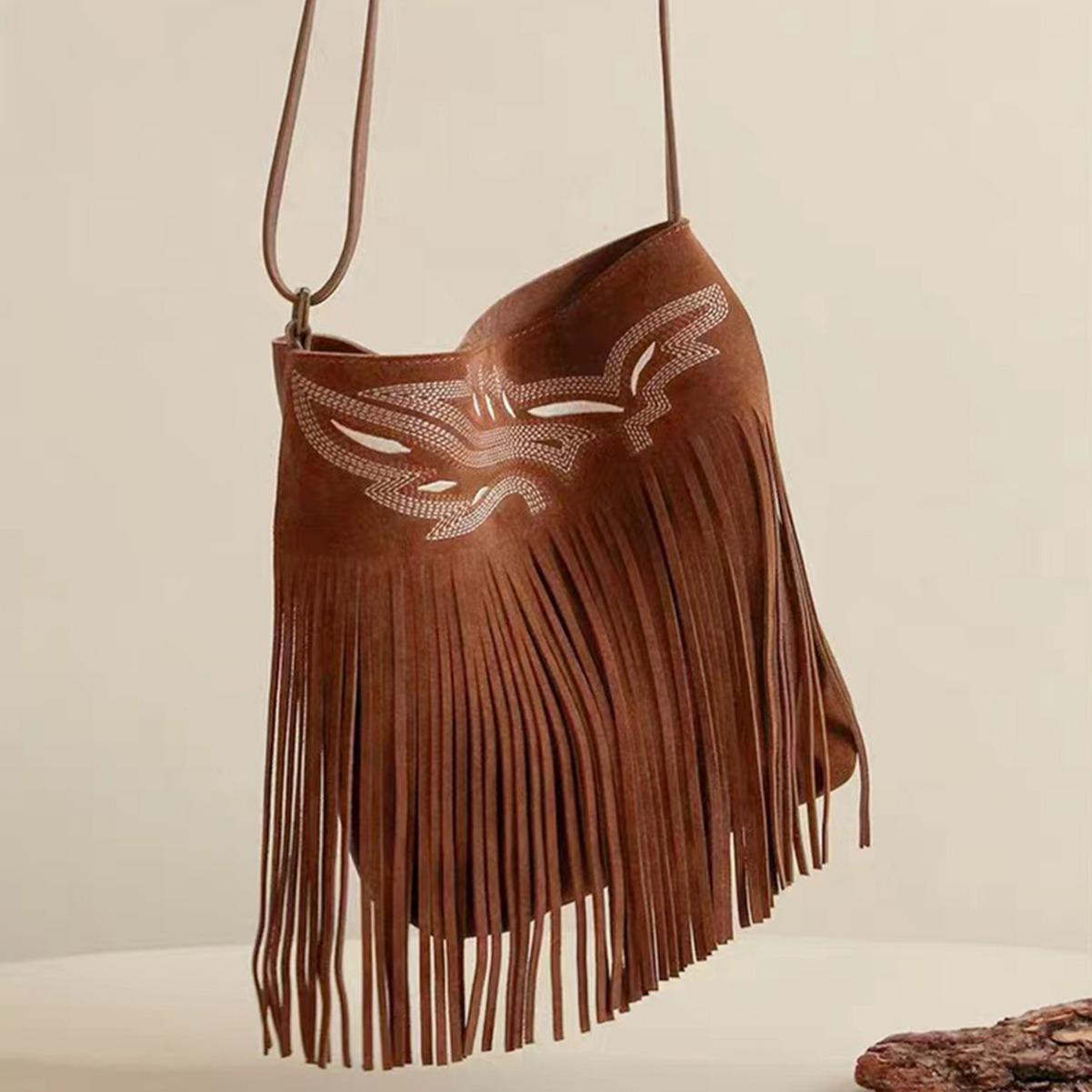 

Сумка-мессенджер Bohemian Tassel Bag Western Denim Xinjiang Travel Bag Cool Tassel Bag темно-коричневого