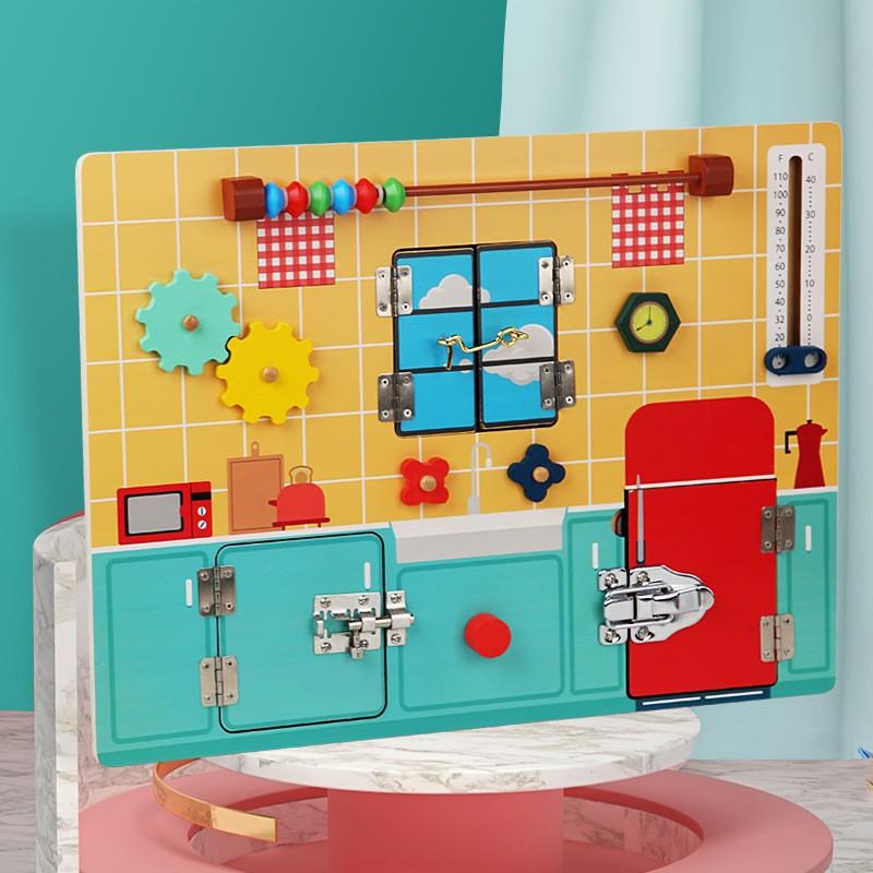 Baby Multifunktionales Holz-Beschäftigungsbrett Entriegeln und Einfädeln von Seilen Hand-Auge-Koordination Lebenskompetenztraining Lernspielzeug