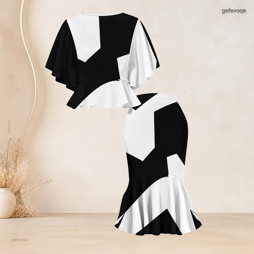 Women Plus Size Black White Printed Round Neck Batwing Sleeve Ruffle Hem Top Fishtail Skirt Two Piece Set
