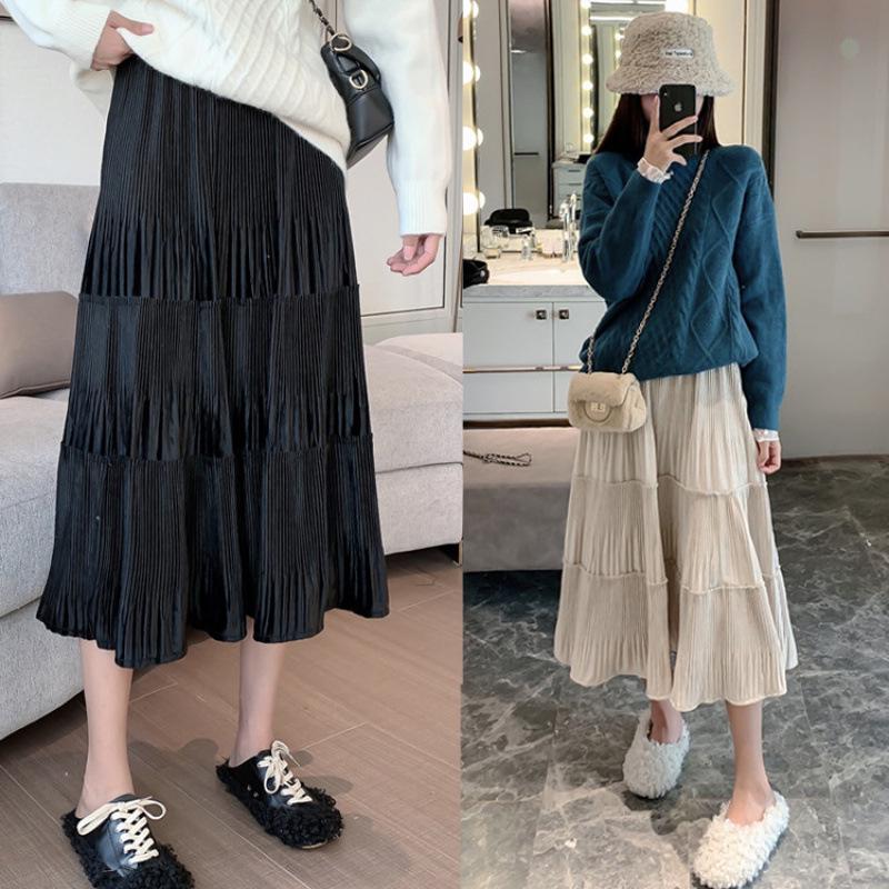 Autumn Maternity High Waist A-Line Pleated Layered Skirt with Tummy Support Medium