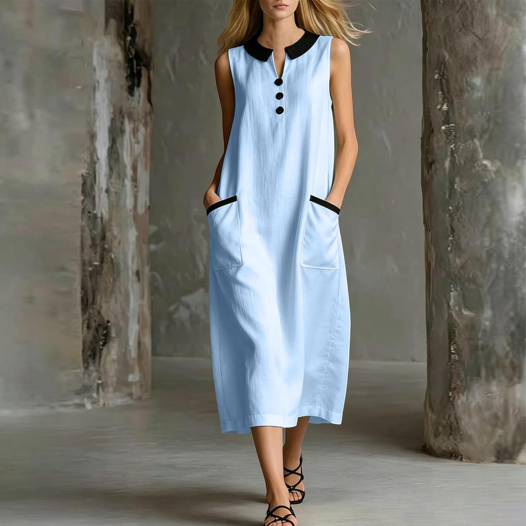 Women's Casual Sleeveless Dress with Doll Collar Color Block Design Midi Length Pockets Button Front Loose Fit Summer Dress