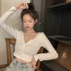 Solid Knit T-shirts For Women's Tees Button V Collars Long Sleeve Sexy Tops Simple Fashion T-shirts