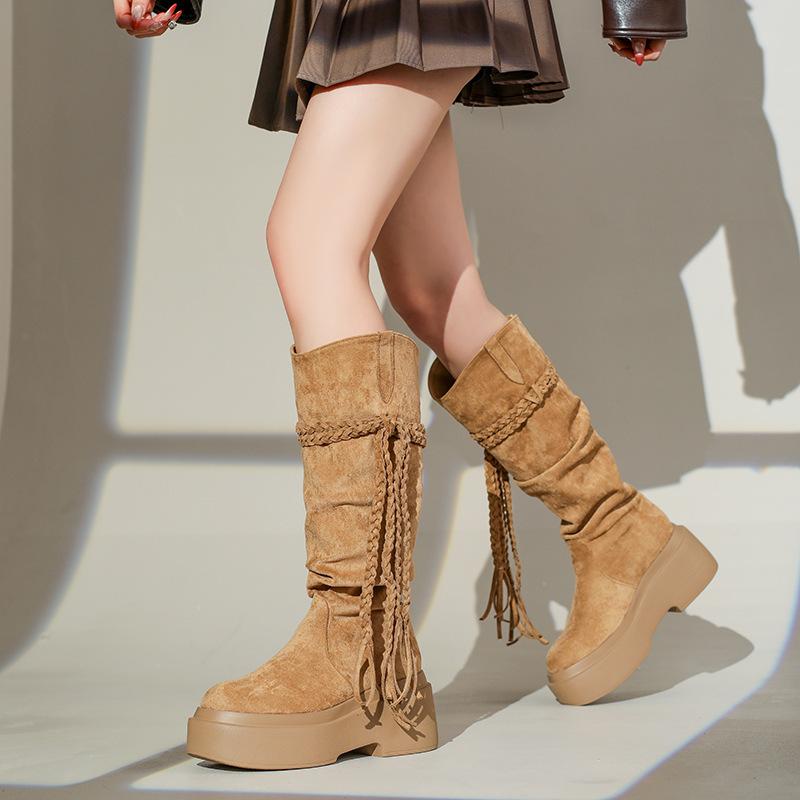 Brown Retro But Knee Thick-soled Boots Women's 2025 New Spring and Autumn Maillard Height-increasing and Thin Knight Boots