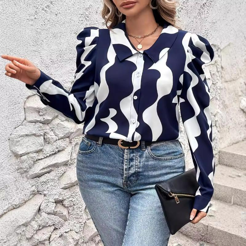 Dámská pruhovaná košile s výstřihem do V a dlouhým rukávem, slim fit top pro dámy