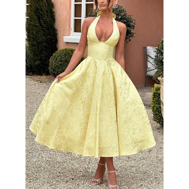 Sexy Elegant V Neck Halter High Waist A Line Long Evening Party Dress