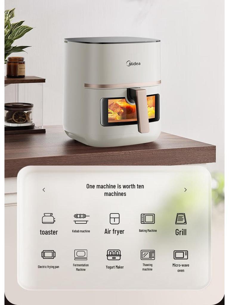 Midea MF-KZC5394 Dual Heat Flame Roast Air Fryer - No Flipping Needed, Large Capacity, with Visible Cooking.