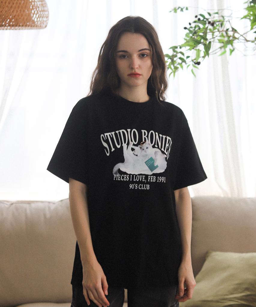 BONIEE Angel Cat Kitten Graphic Loose Oversized T-Shirt Black