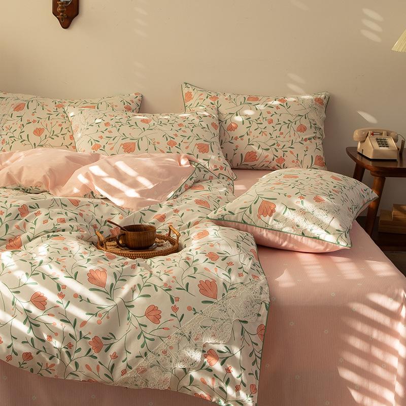 Vierteiliges Bettlaken aus reiner Baumwolle mit Blumenmuster, dreiteiliges Set mit kleinem, frischem Baumwollbett im Prinzessinnen-Stil