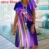 Rainbow Striped 3D Print Women Dress Elegant Sweet Casual V-Neck Short Sleeve A-Line Dress Summer Fashion Oversized Clothing