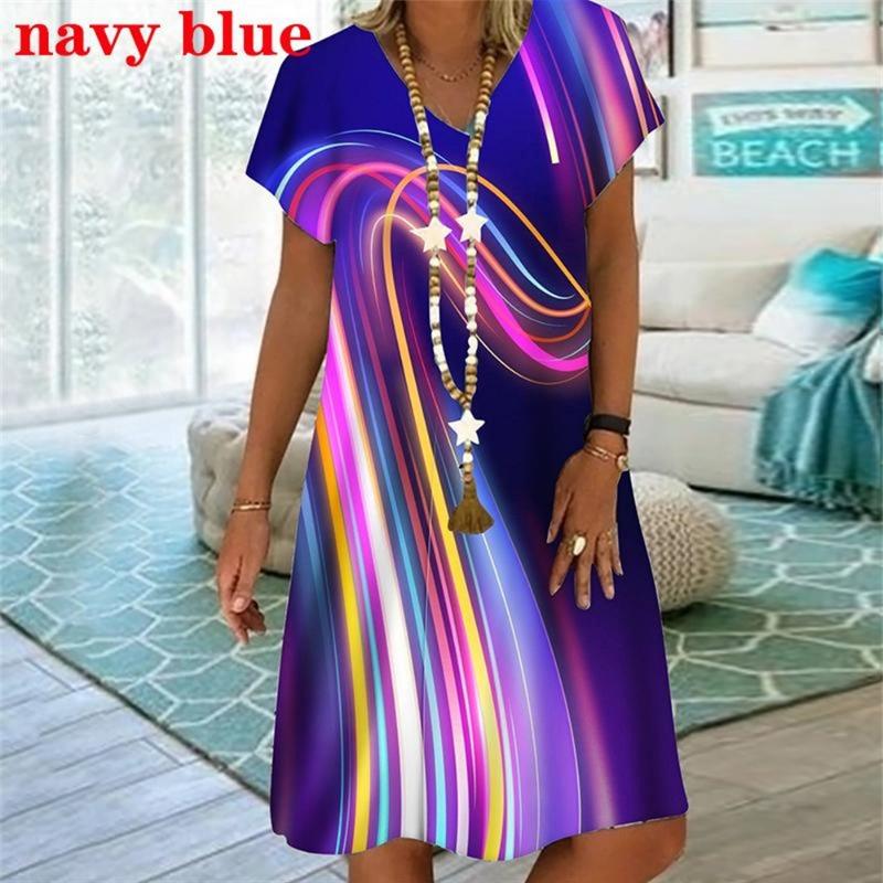 Rainbow Striped 3D Print Women Dress Elegant Sweet Casual V-Neck Short Sleeve A-Line Dress Summer Fashion Oversized Clothing