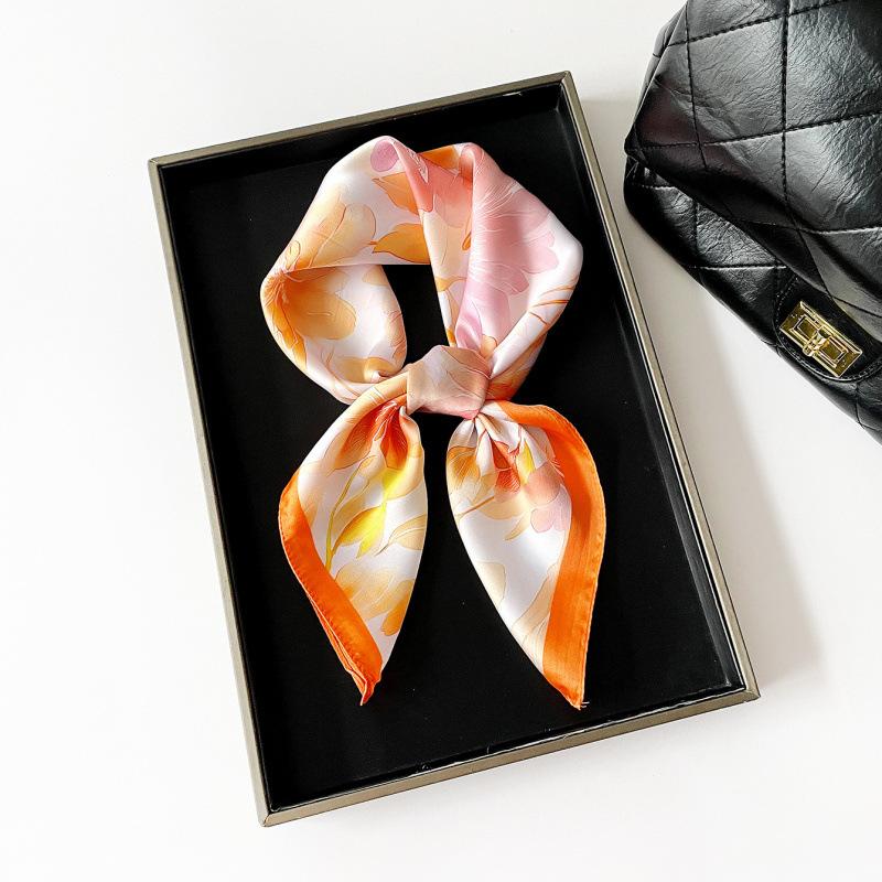 French Fresh Small Square Scarf Floral Printing Silk Scarf 70 Imitation Silk Satin Silk Scarf Commuter Scarf Waist Square Scarf Women