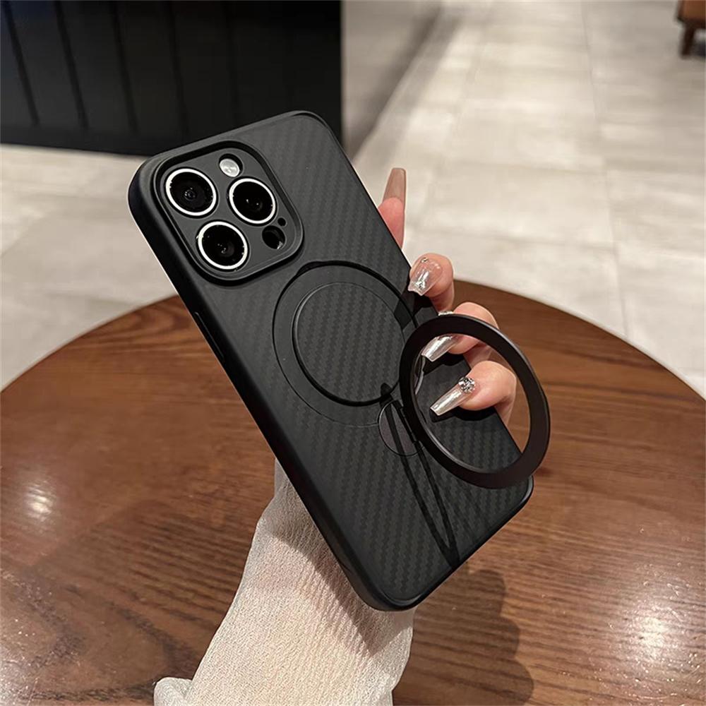 

360° Rotate Magnetic Stand Carbon Fiber PC Phone Case For iPhone 17 Air 16 15 Plus 14 13 12 11 Pro Max For Magsafe Bracket Cover For iPhone 15