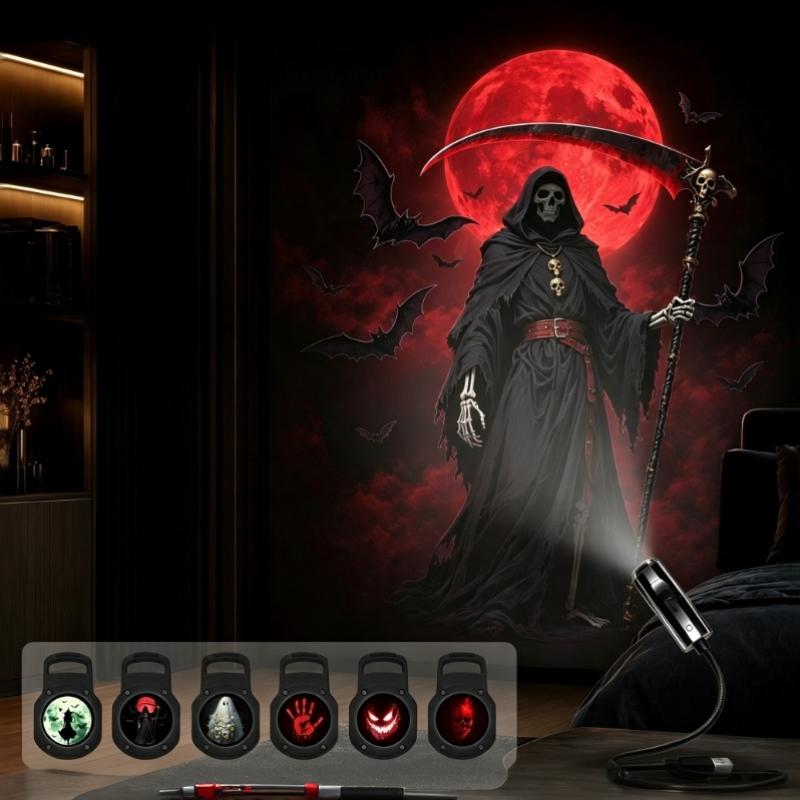 USB Halloween Christmas Projector Light with Adjustable Gooseneck & Swap Pattern Films – Indoor Outdoor Decor for Parties, Home, Windows