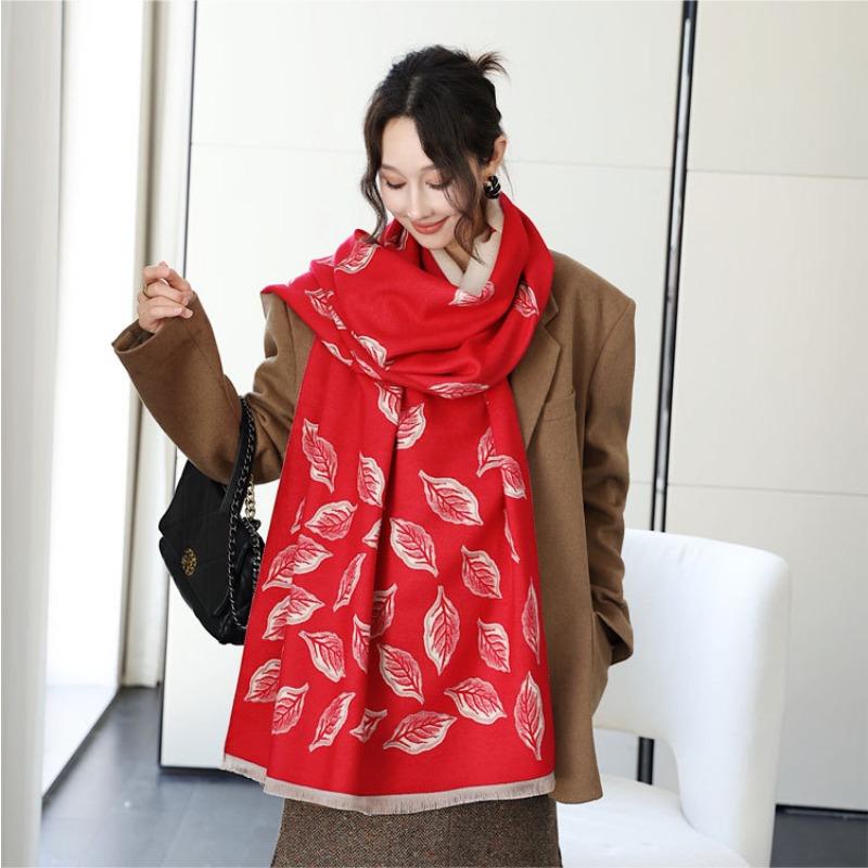 

Осень и зима новый двухсторонний жаккардовый шарф с листьями женский универсальный теплый платок двойного назначения темпераментный имитация кашемира утолщенный шарф 190cm