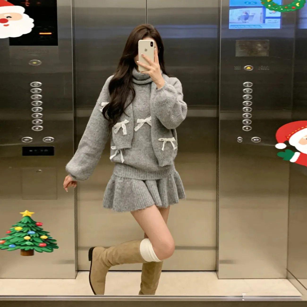 

Korean Style Bow Design Sweater & Skirt Set with Scarf One size (40kg-65kg)