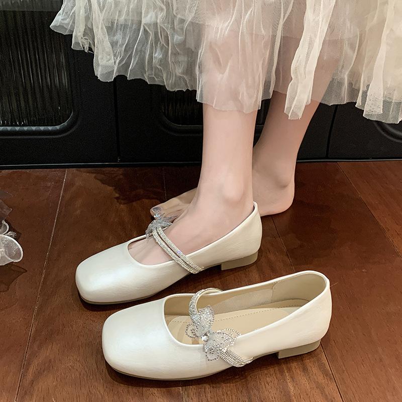 Square head Mary Jane shoes women's 2025 autumn new French butterfly rhinestone pedal with skirt princess shoes single shoes