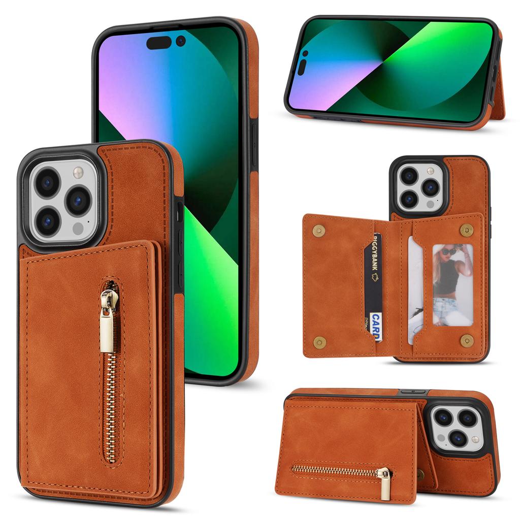 For iPhone 16 Pro Case Zipper Pocket Wallet Kickstand Phone Guard Cover