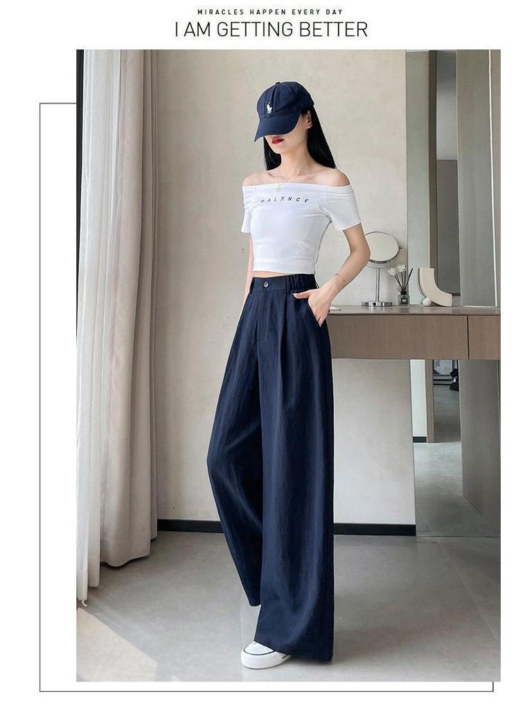 Women's Tencel Linen Wide-Leg Pants - Summer Ice Silk Cotton Blend, High Waist, Slimming, Floor Length, Loose Fit.