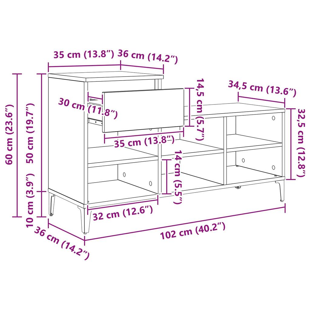 Shoe Cabinet with Shelf Black Oak Effect 102 x 36 x 60 cm