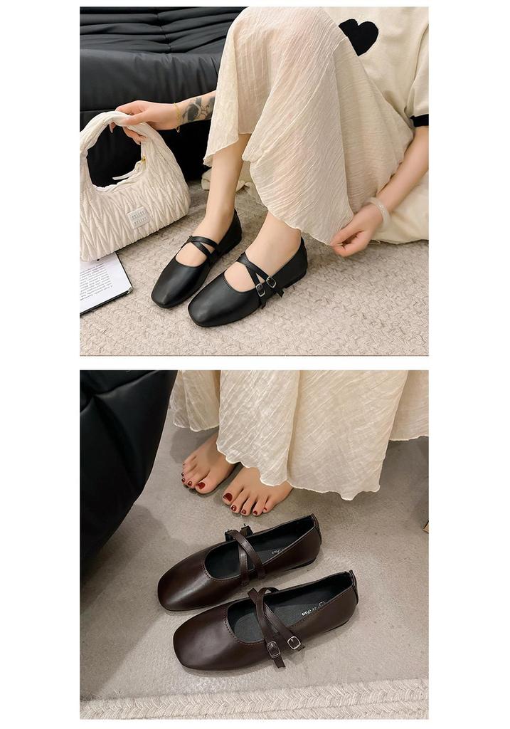 2025 Spring Women's French Square Toe Mary Janes - Korean Style, Low-Cut, Soft Flat Bottom