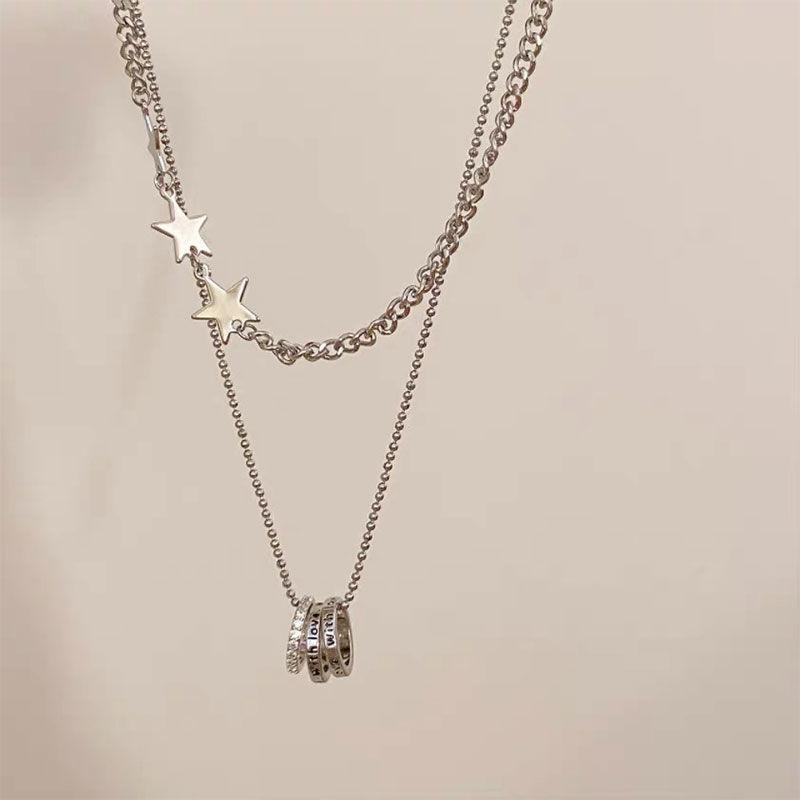 Double-layer stars stacked necklace, versatile, simple personality, light luxury, five-pointed star niche design necklace woman